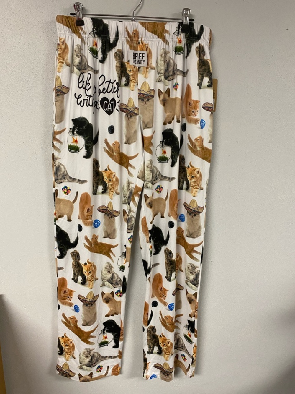 Brief Insanity Cat Print Lounge Pants - White with Multi-Color Cats. Size XL